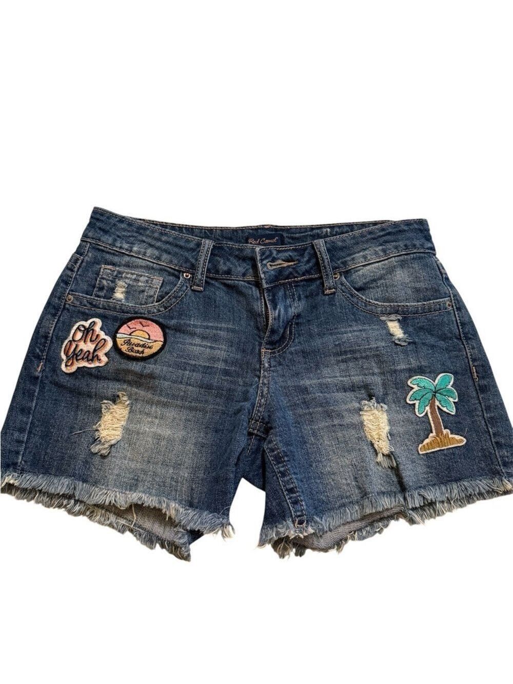 Red Camel Blue Jean Shorts with Distressed Details